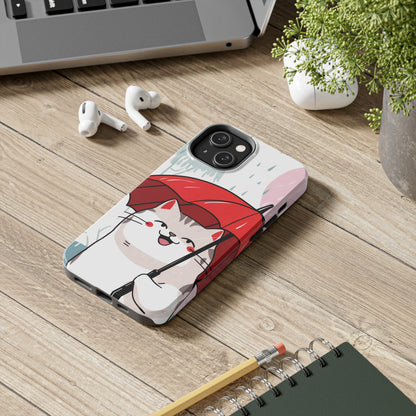 Rainy Day Whiskers: Cartoon Cat with Red Umbrella - Tough Phone Cases