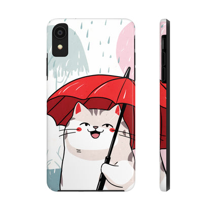 Rainy Day Whiskers: Cartoon Cat with Red Umbrella - Tough Phone Cases