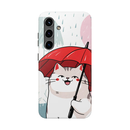 Rainy Day Whiskers: Cartoon Cat with Red Umbrella - Tough Phone Cases