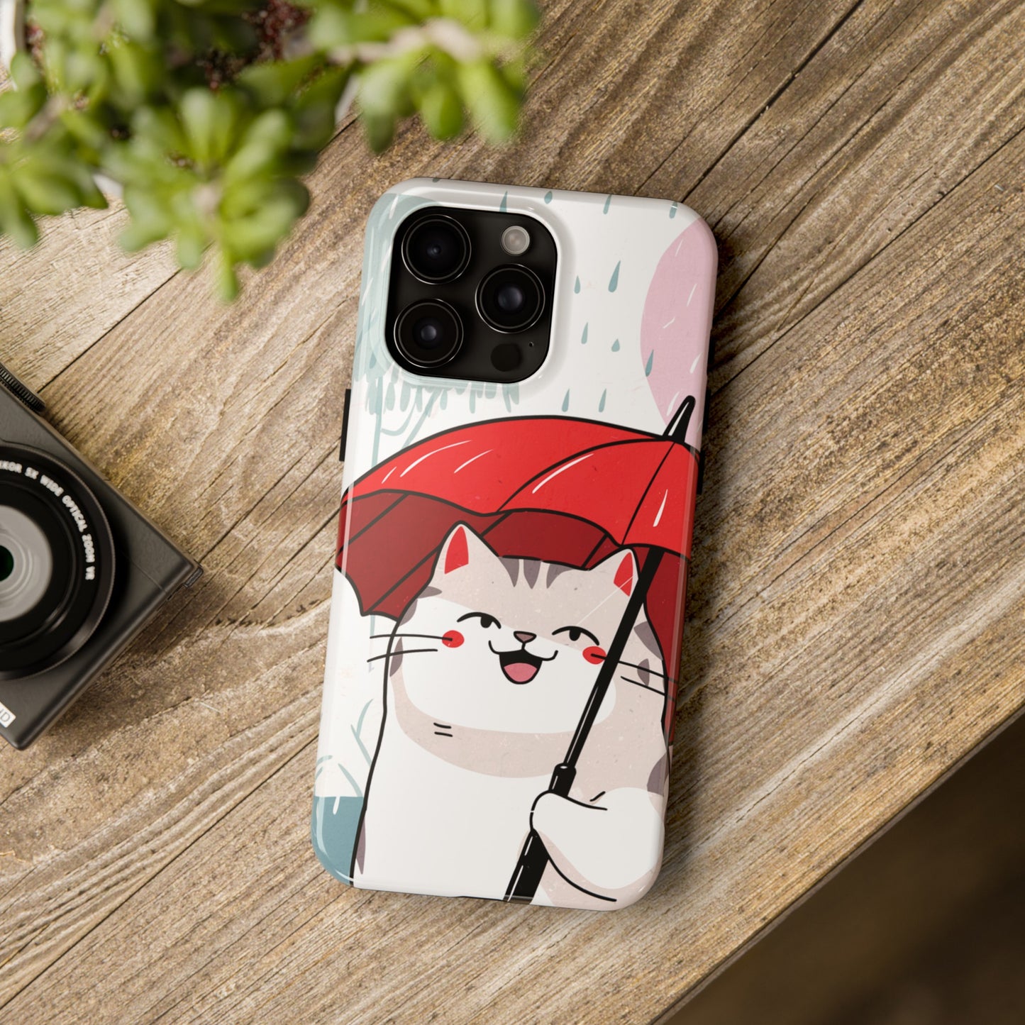 Rainy Day Whiskers: Cartoon Cat with Red Umbrella - Tough Phone Cases