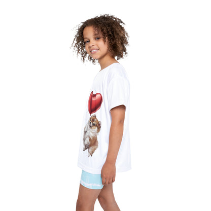 "Red Balloon Pomeranian Version" - Kids Sports Jersey (AOP) in White