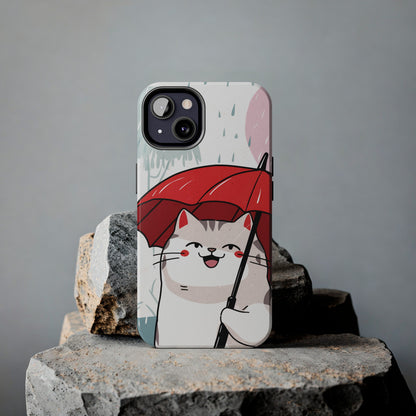 Rainy Day Whiskers: Cartoon Cat with Red Umbrella - Tough Phone Cases