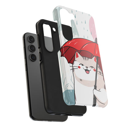 Rainy Day Whiskers: Cartoon Cat with Red Umbrella - Tough Phone Cases