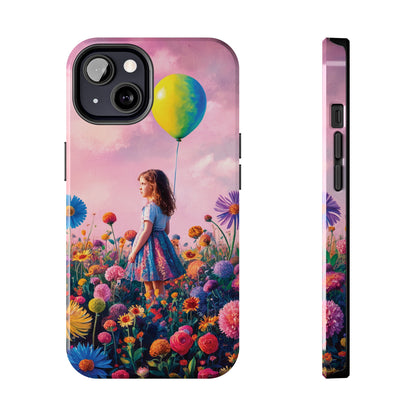 Girl with Yellow and Blue Balloon: Garden Oasis at Dusk - Tough Phone Cases