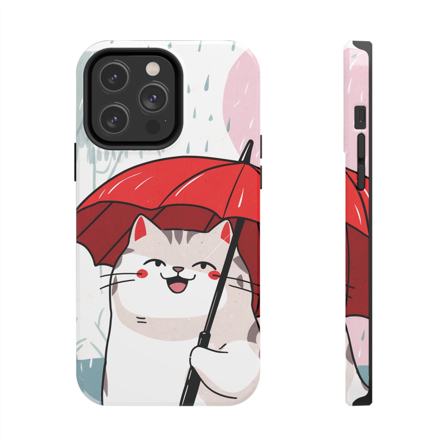 Rainy Day Whiskers: Cartoon Cat with Red Umbrella - Tough Phone Cases