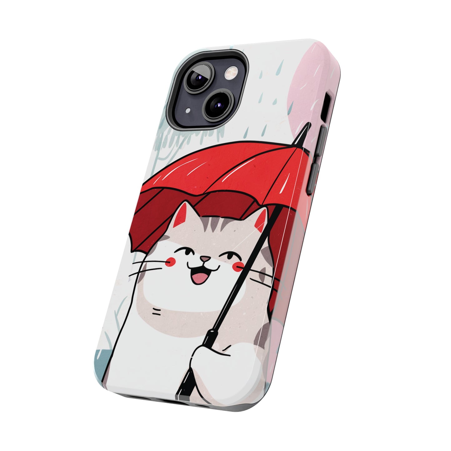 Rainy Day Whiskers: Cartoon Cat with Red Umbrella - Tough Phone Cases