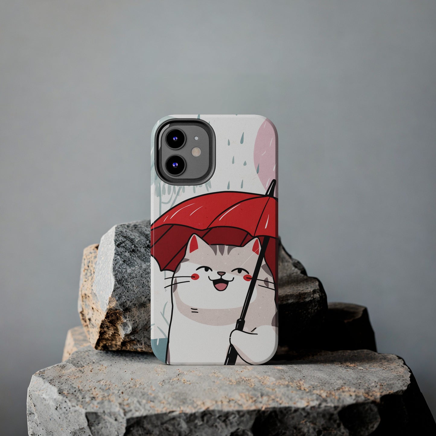 Rainy Day Whiskers: Cartoon Cat with Red Umbrella - Tough Phone Cases