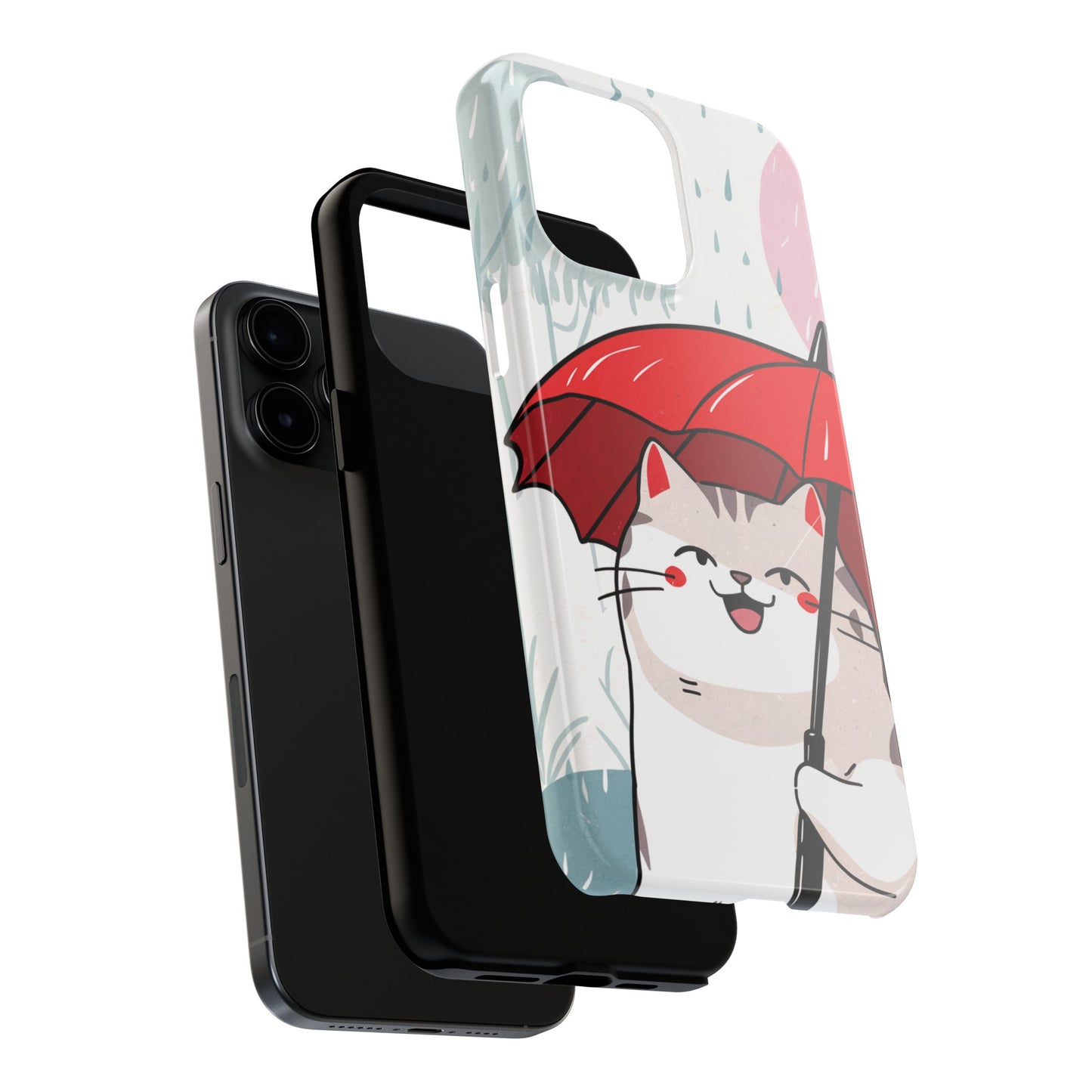 Rainy Day Whiskers: Cartoon Cat with Red Umbrella - Tough Phone Cases