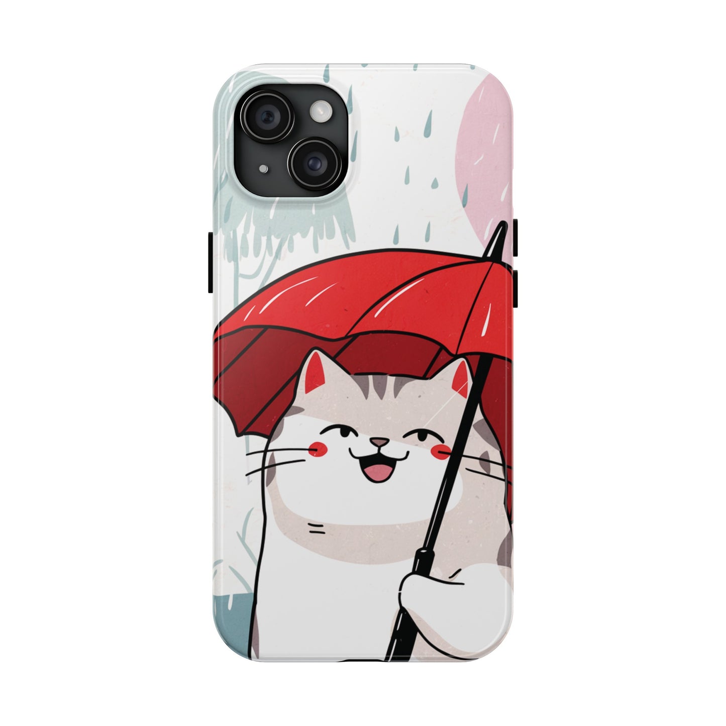 Rainy Day Whiskers: Cartoon Cat with Red Umbrella - Tough Phone Cases