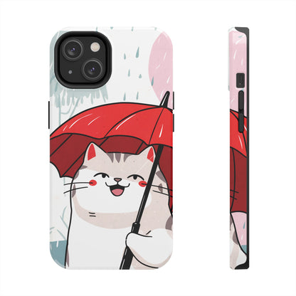 Rainy Day Whiskers: Cartoon Cat with Red Umbrella - Tough Phone Cases