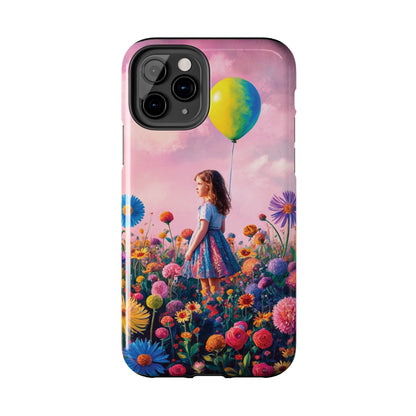 Girl with Yellow and Blue Balloon: Garden Oasis at Dusk - Tough Phone Cases