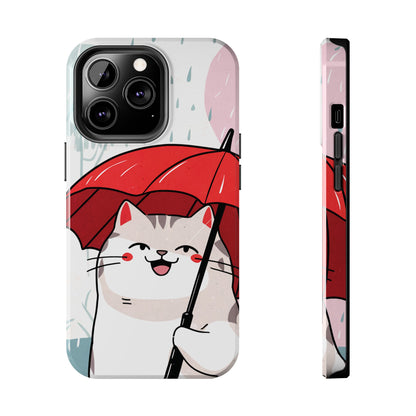 Rainy Day Whiskers: Cartoon Cat with Red Umbrella - Tough Phone Cases