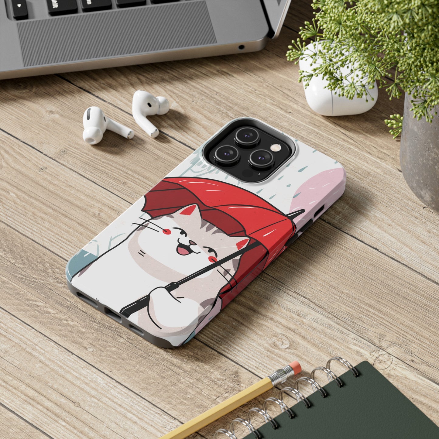 Rainy Day Whiskers: Cartoon Cat with Red Umbrella - Tough Phone Cases