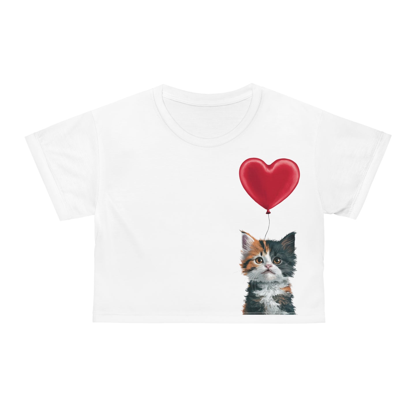 "Red Balloon Cat Version" - Crop Tee in White