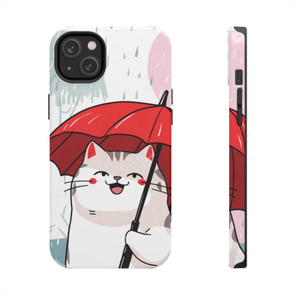 Rainy Day Whiskers: Cartoon Cat with Red Umbrella - Tough Phone Cases