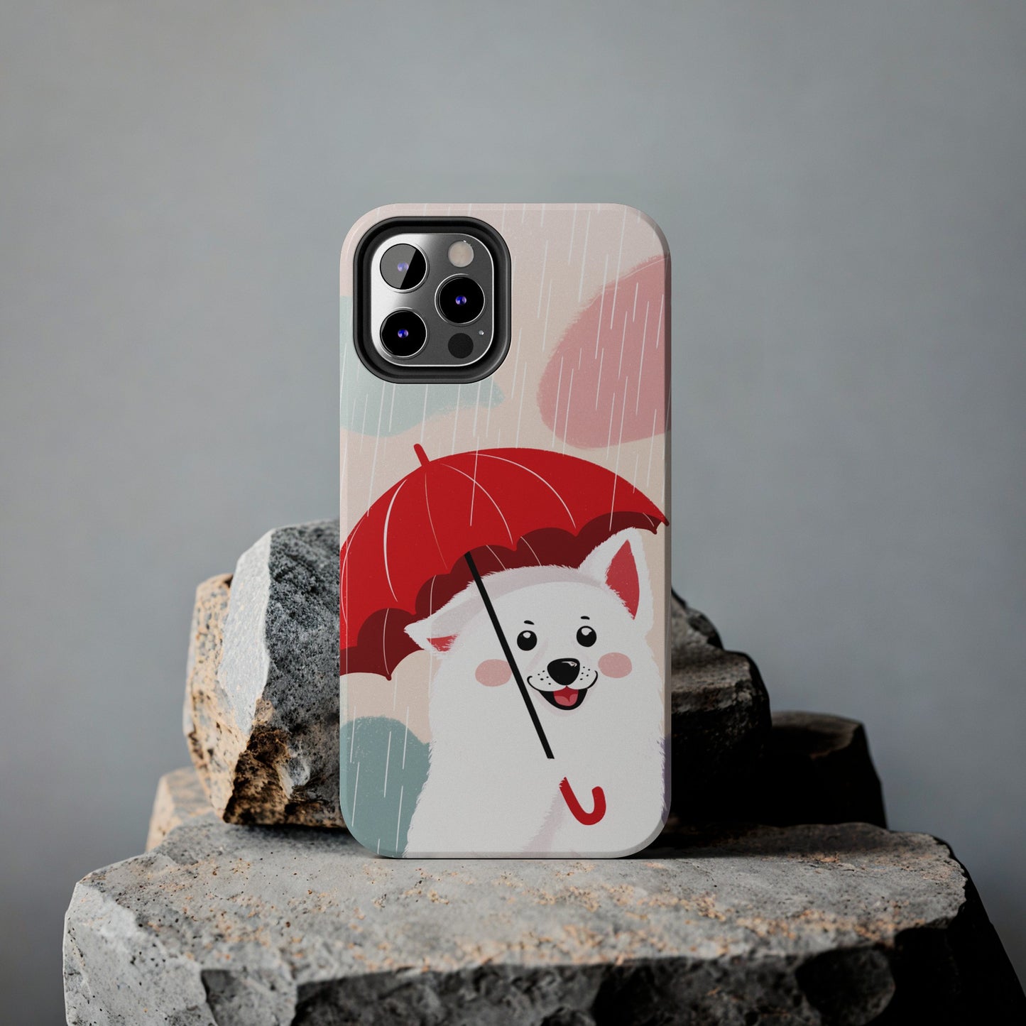 Rainy Day Ruff: Cartoon Dog with Red Pawrella - Tough Phone Cases