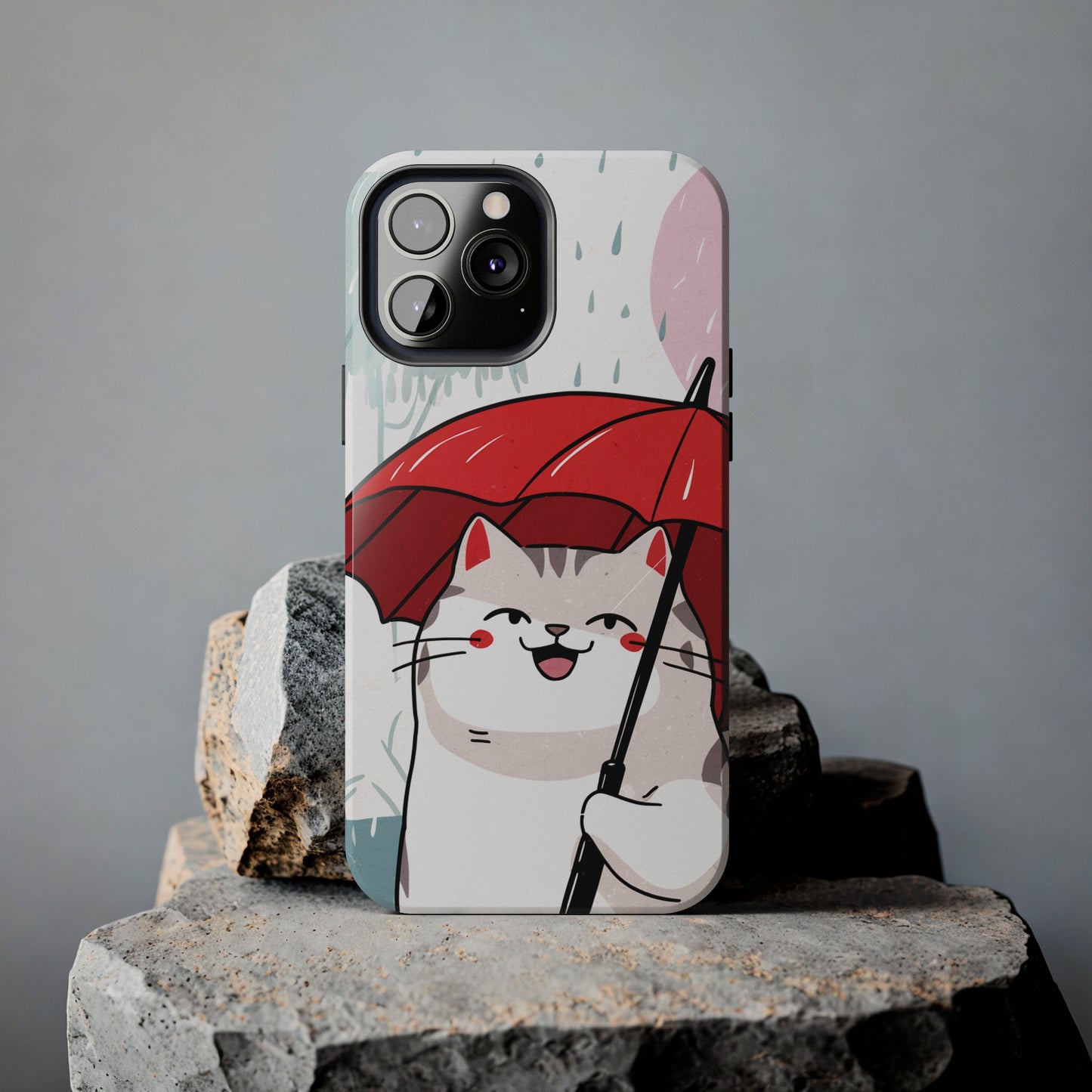 Rainy Day Whiskers: Cartoon Cat with Red Umbrella - Tough Phone Cases