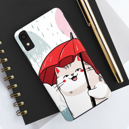 Rainy Day Whiskers: Cartoon Cat with Red Umbrella - Tough Phone Cases