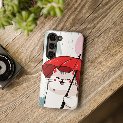 Rainy Day Whiskers: Cartoon Cat with Red Umbrella - Tough Phone Cases