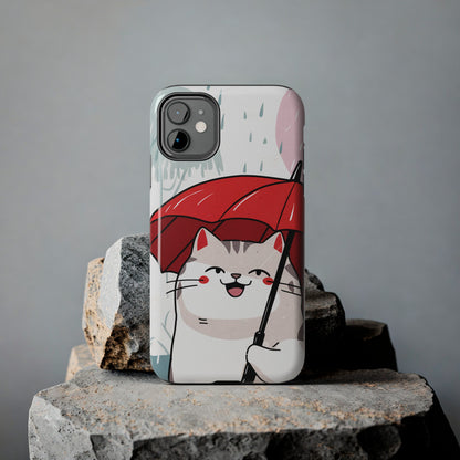 Rainy Day Whiskers: Cartoon Cat with Red Umbrella - Tough Phone Cases