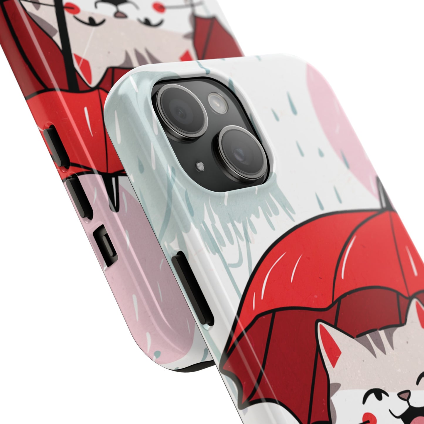 Rainy Day Whiskers: Cartoon Cat with Red Umbrella - Tough Phone Cases