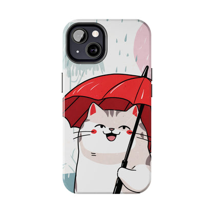 Rainy Day Whiskers: Cartoon Cat with Red Umbrella - Tough Phone Cases