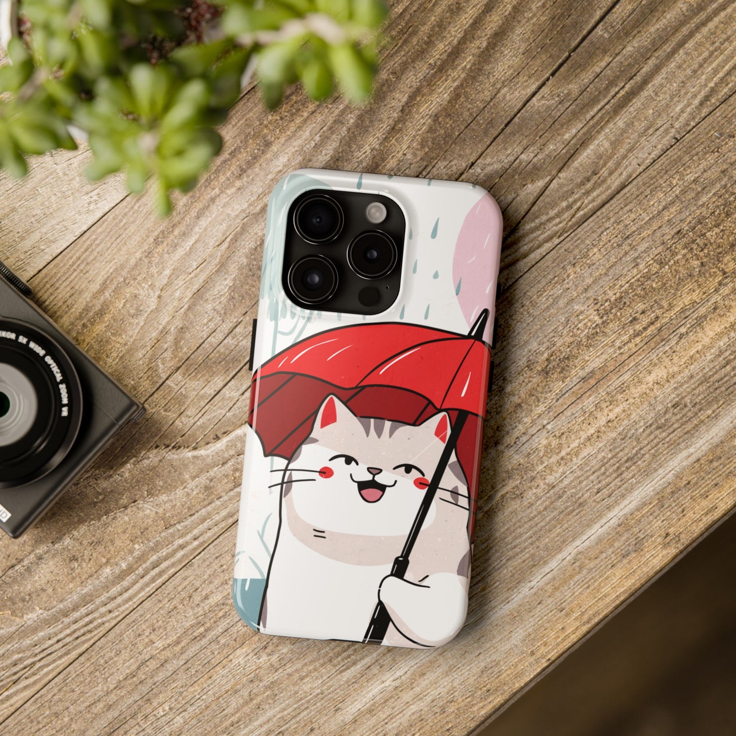 Rainy Day Whiskers: Cartoon Cat with Red Umbrella - Tough Phone Cases