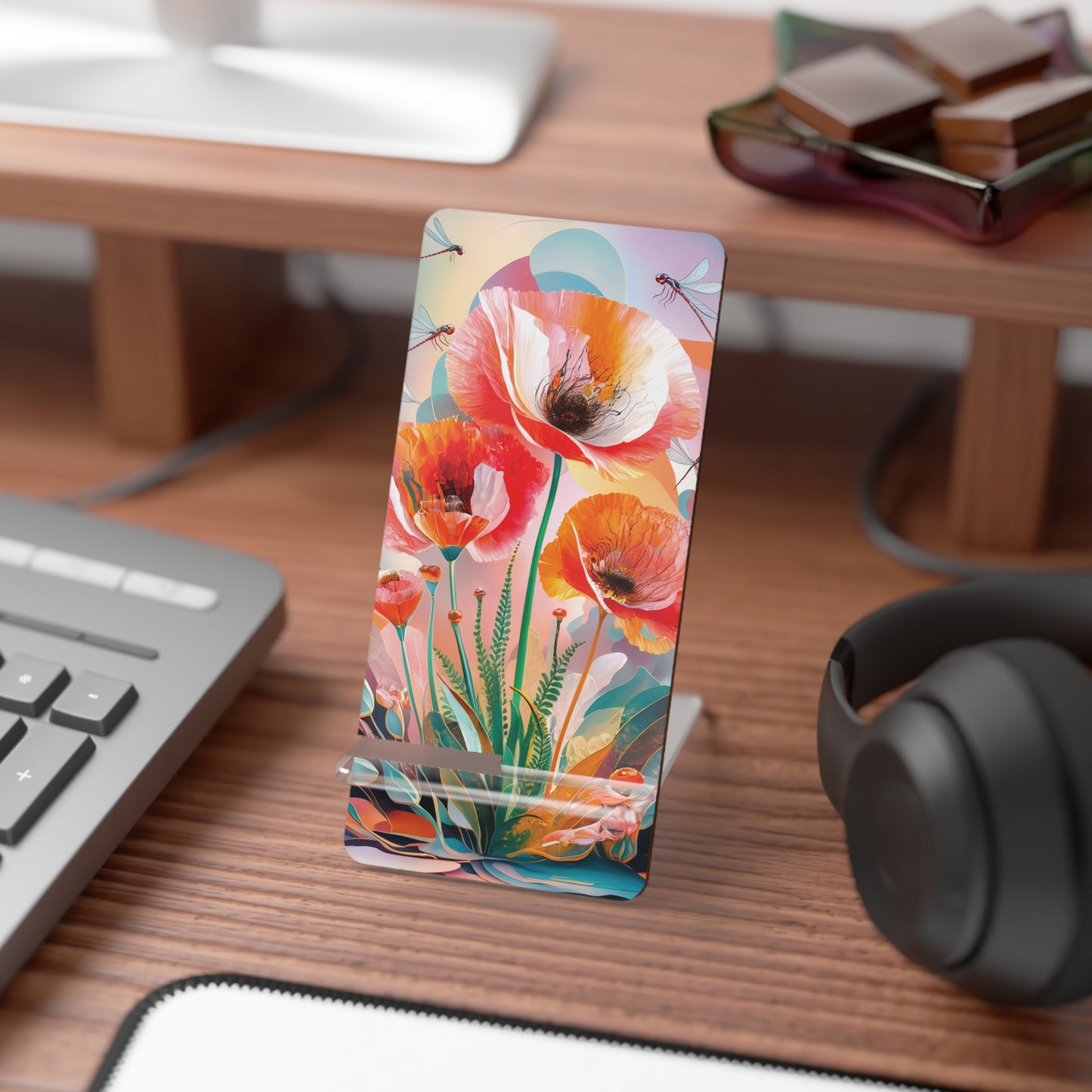 Organic Harmony: Floral & Dragonfly Art- Display Stand for Smartphones