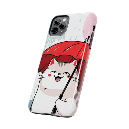 Rainy Day Whiskers: Cartoon Cat with Red Umbrella - Tough Phone Cases