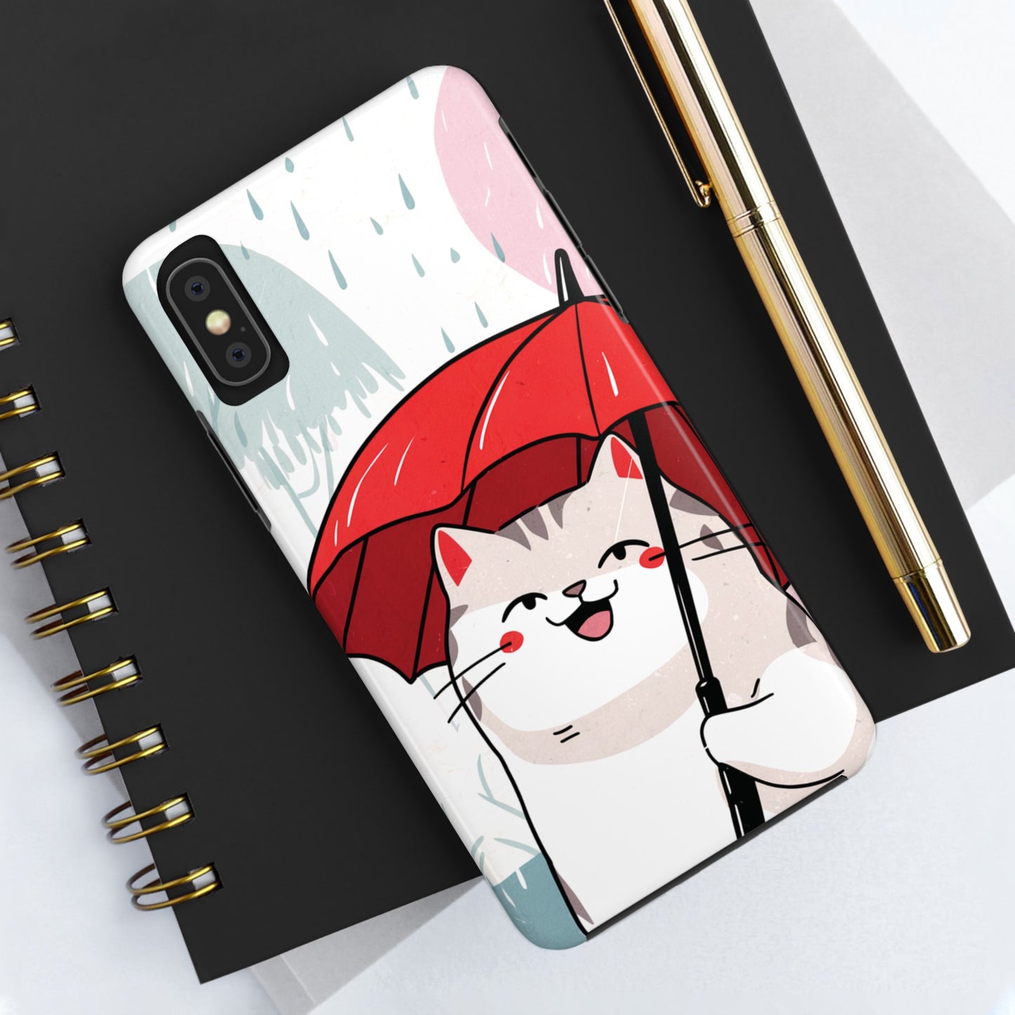 Rainy Day Whiskers: Cartoon Cat with Red Umbrella - Tough Phone Cases