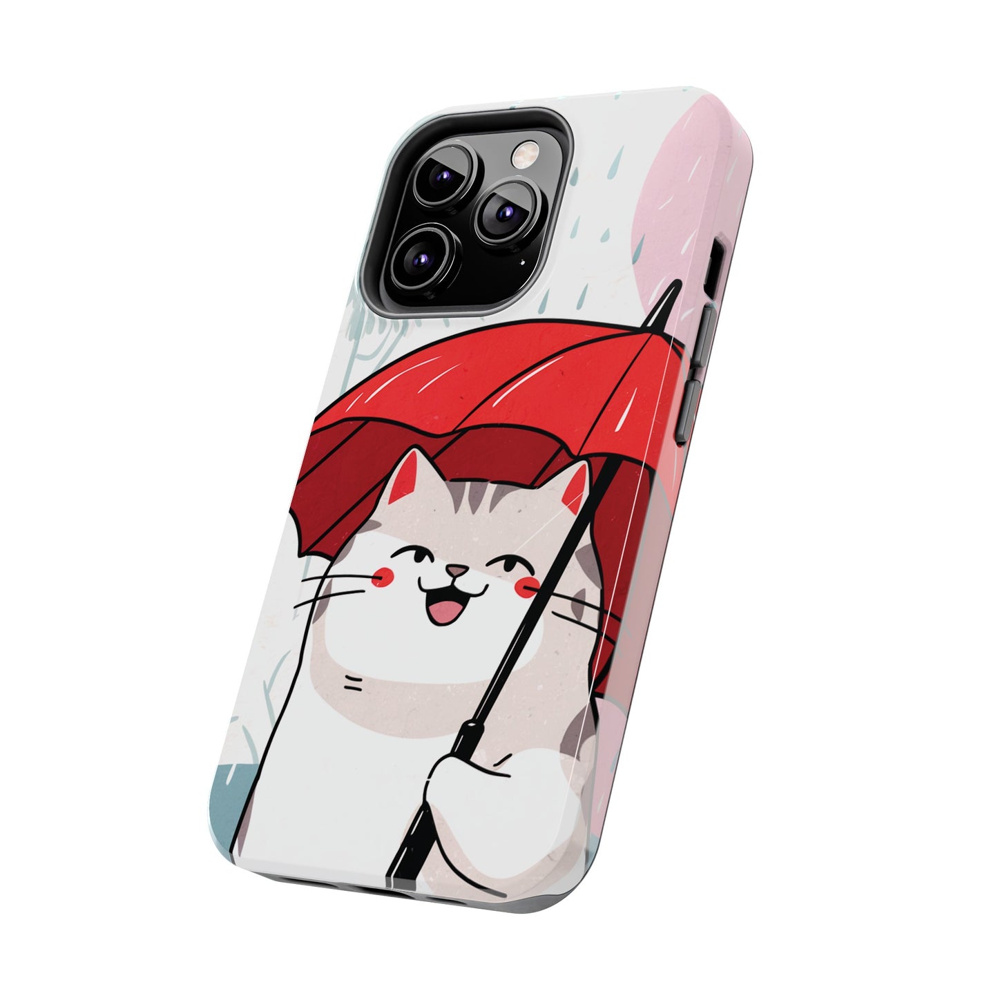 Rainy Day Whiskers: Cartoon Cat with Red Umbrella - Tough Phone Cases