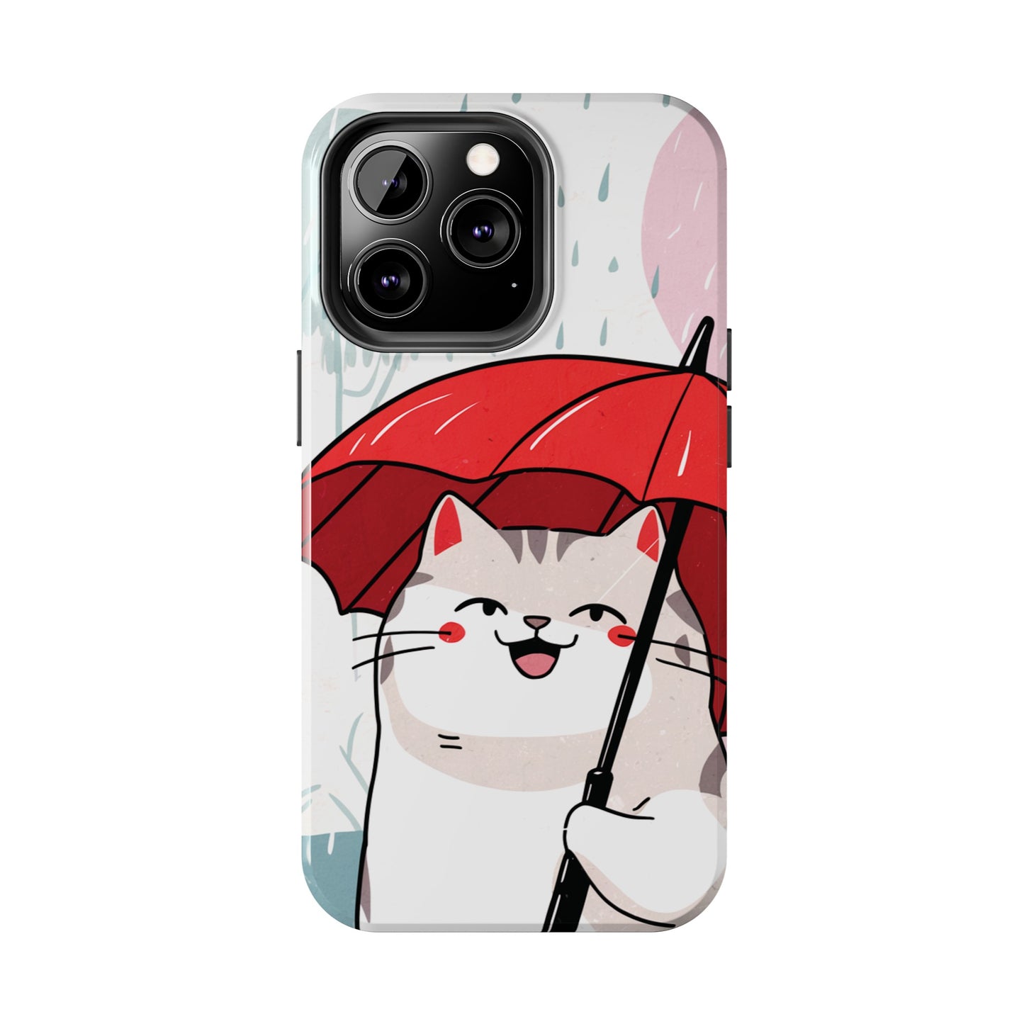 Rainy Day Whiskers: Cartoon Cat with Red Umbrella - Tough Phone Cases