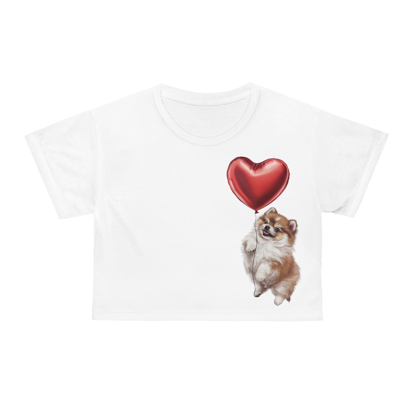 "Red Balloon Pomeranian Version" - Crop Tee in White