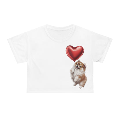 "Red Balloon Pomeranian Version" - Crop Tee in White