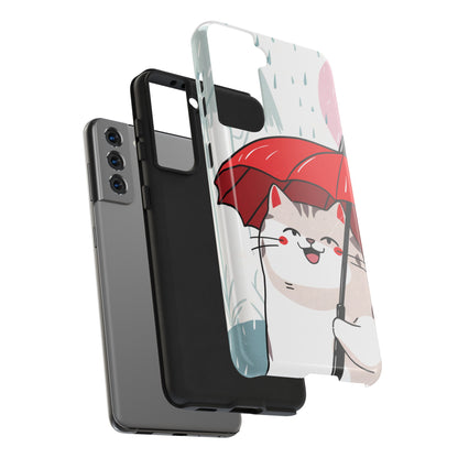 Rainy Day Whiskers: Cartoon Cat with Red Umbrella - Tough Phone Cases