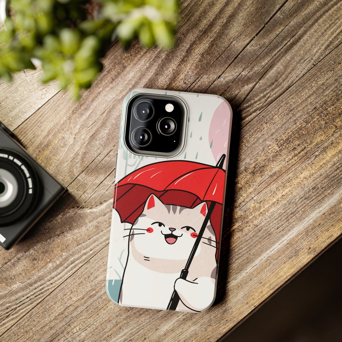 Rainy Day Whiskers: Cartoon Cat with Red Umbrella - Tough Phone Cases