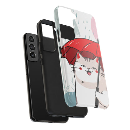 Rainy Day Whiskers: Cartoon Cat with Red Umbrella - Tough Phone Cases