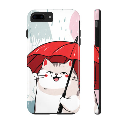 Rainy Day Whiskers: Cartoon Cat with Red Umbrella - Tough Phone Cases