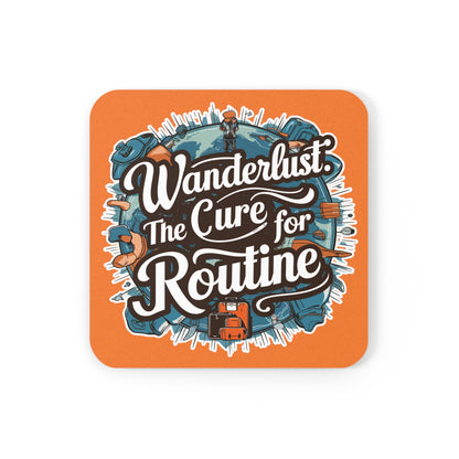 "Wanderlust the Cure for Routine" in Orange - Cork Coaster