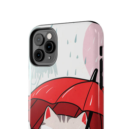 Rainy Day Whiskers: Cartoon Cat with Red Umbrella - Tough Phone Cases